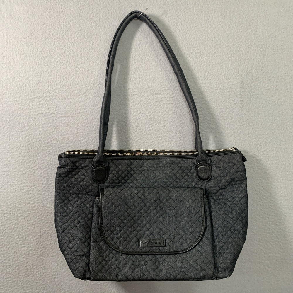 Vera Bradley Classic Denim Gray Carson East West Tote Faux Leather Trim Quilted